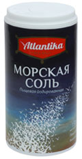 Соль морская пищевая йодированная "АТЛАНТИКА" мелкая фасованная  по 150 г. в пластиковые тубы