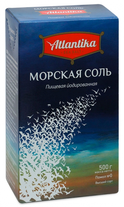 Соль морская пищевая йодированная «АТЛАНТИКА» мелкая фасованная по 500 г. в картонные пачки