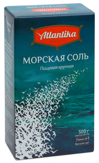 Соль морская пищевая «АТЛАНТИКА» крупная фасованная по 500 г. в картонные пачки